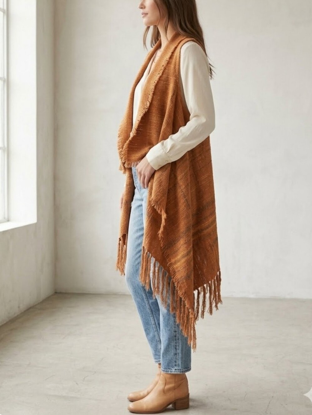 Boho Fringe Waterfall Drape Asymmetrical Sweater Vest Scarf Festival Hippie Fall